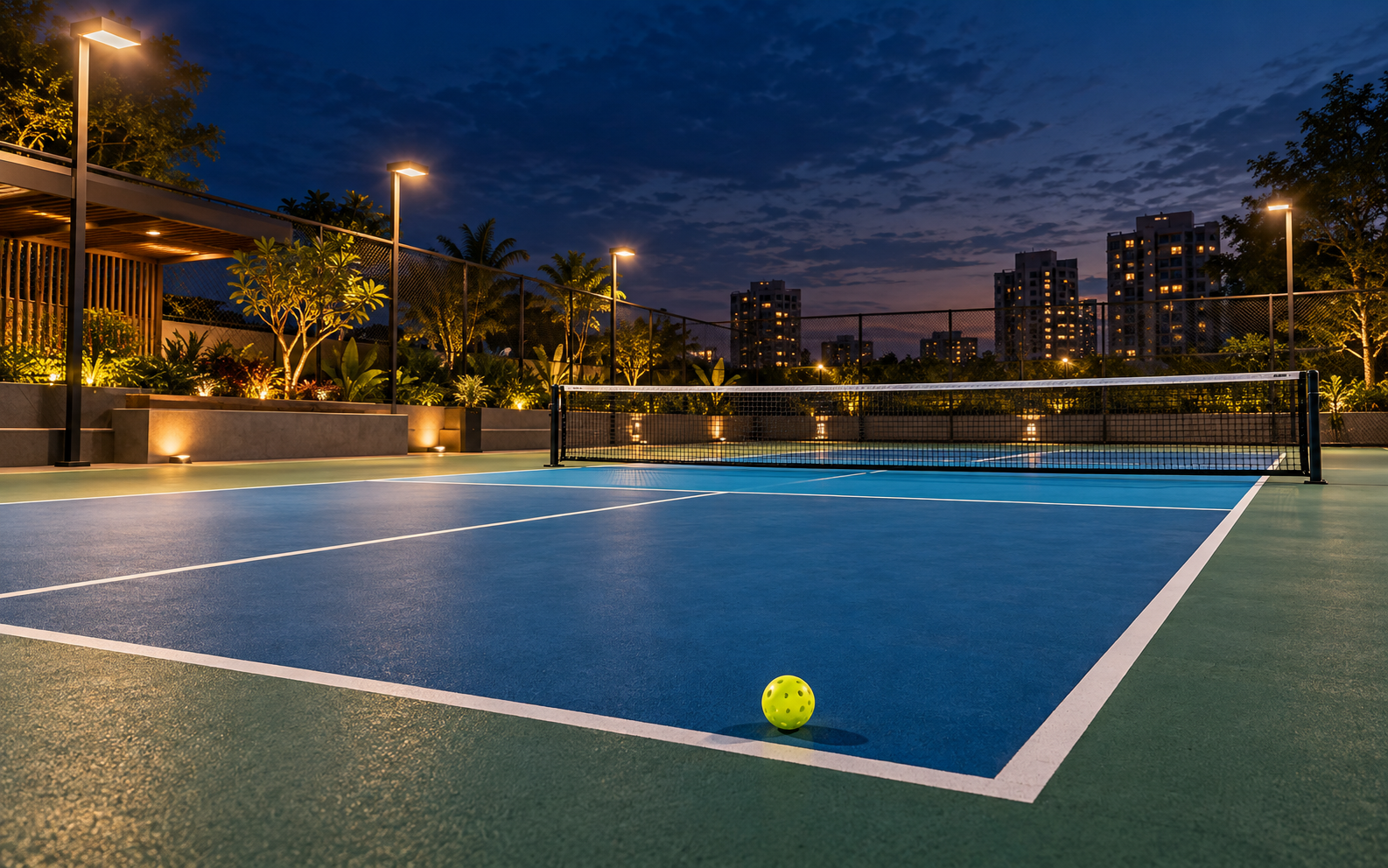An empty floodlit pickleball court in Surat at blue hour